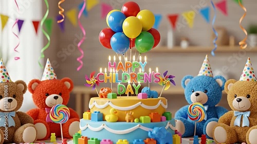 Children's Day Cake Surrounded by Teddy Bears and Balloons happy children's day celebration