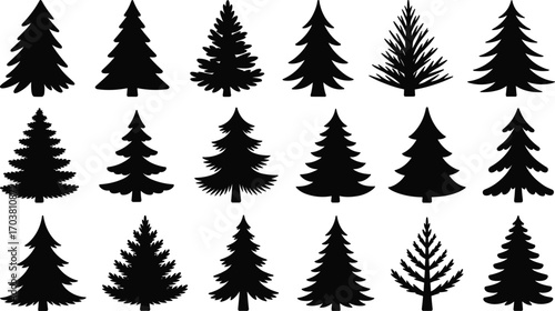 Vector collection of pine tree silhouettes, perfect for forest, nature, winter, and Christmas-themed designs, ideal for decoration, graphic, and print use