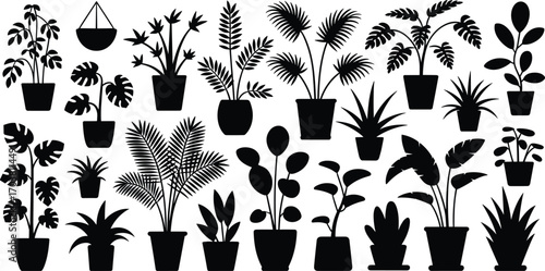 Vector silhouette collection of various indoor potted plants, tropical leaves, houseplants, decorative foliage, plant pots, botanical greenery, home garden illustration, nature design elements