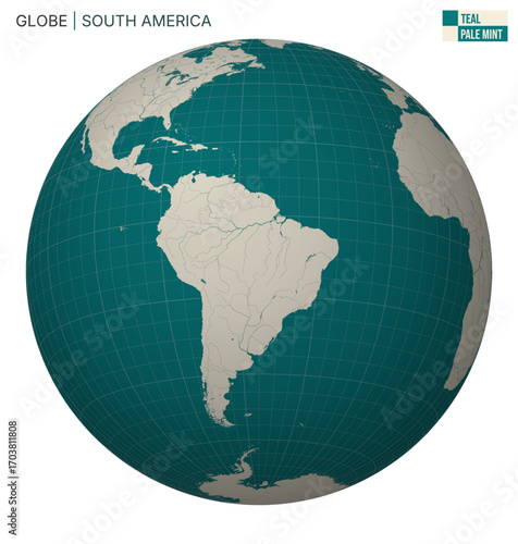 Vector Globe centered to South America. Teal Pale Mint palette. World map with meridians, parallels, countries, rivers and lakes. Modern vector illustration.