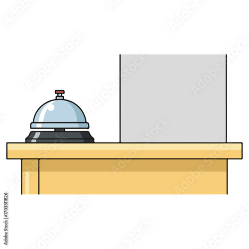 Hotel reception desk with service bell and blank sign.