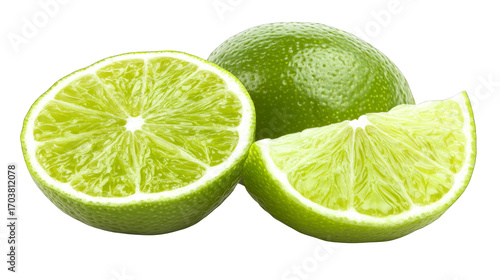 Fresh lime slices and whole fruit on transparency background, bright citrus freshness and vibrant green color