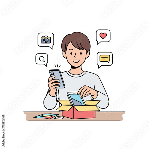 Young man unboxing a new smartphone with social media icons floating around