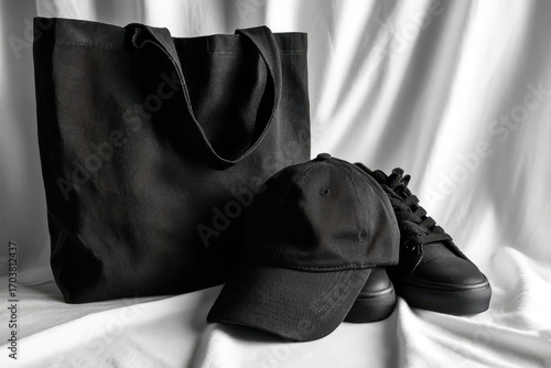 Black Essentials - Tote Bag, Cap, and Shoe on White Fabric.