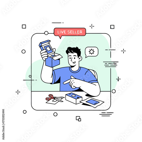 Live seller demonstrating a product in a box
