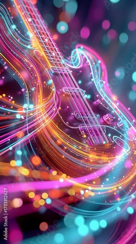Vibrant electric guitar with colorful lights, embodying rhythm and musical energy.