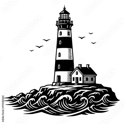 Lighthouse on Rocky Island with Waves and Birds, Lighthouse SVG, Ocean SVG, Nautical SVG, Coastal SVG