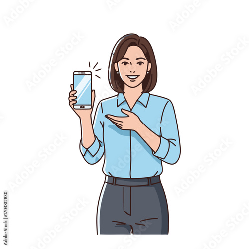 Woman holding a smartphone and pointing to it