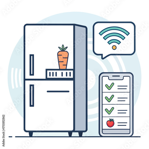Smart Fridge: A futuristic refrigerator integrates seamlessly with a smartphone app, showcasing an intelligent and convenient approach to home food management.