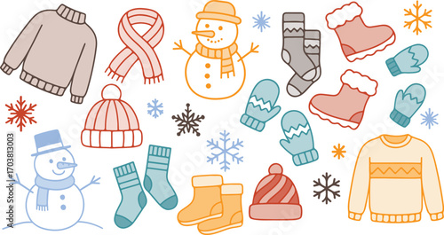 Colorful winter vector set with snowman, sweaters, scarves, mittens, socks, boots, hats, and snowflakes. Ideal for holiday decorations, seasonal crafts, educational materials, and cozy lifestyle desig