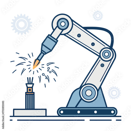 Robotic Precision in Industry: A sleek, modern robotic arm executes a precise welding task, illustrating the cutting-edge technology and automation in the manufacturing sector.