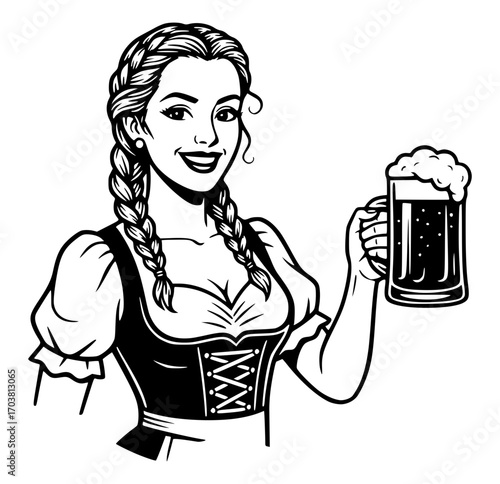 Traditional German Woman Holding a Beer Mug, Oktoberfest SVG, Beer SVG, Woman SVG, Traditional SVG