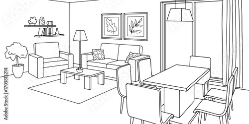 Living room graphic black white home interior sketch illustration vector 