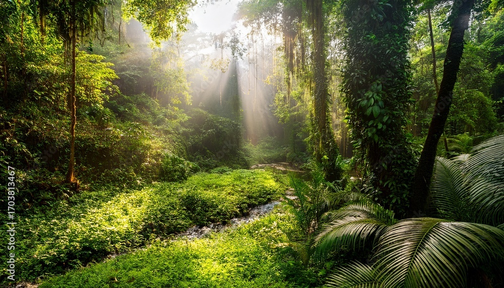 Obraz premium A Lush Green Jungle With Sunlight Shining Through The Trees The Scene Is Serene And Peaceful