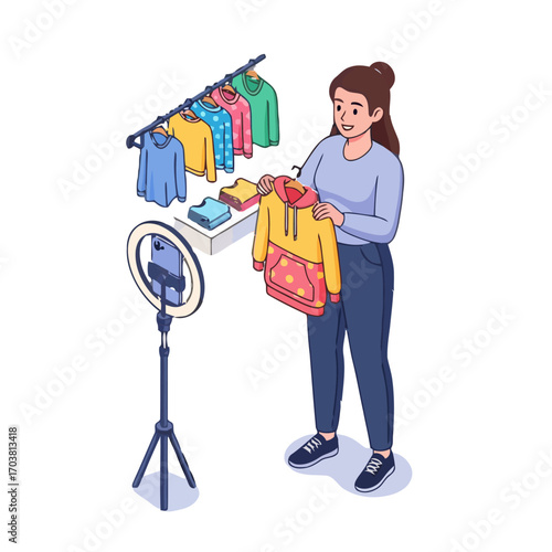Woman filming herself showing clothes on a rack