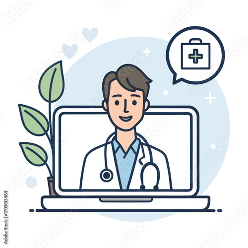 Online Consultation: a friendly doctor offering advice, with a laptop on a desk with a pot plant. A digital healthcare consultation available for diagnosis.