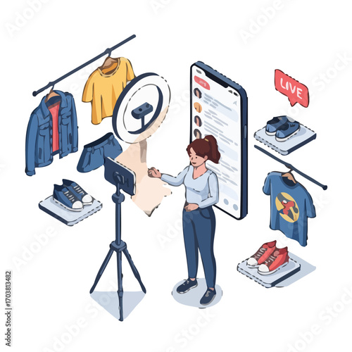 Woman live streaming fashion and clothing sales online