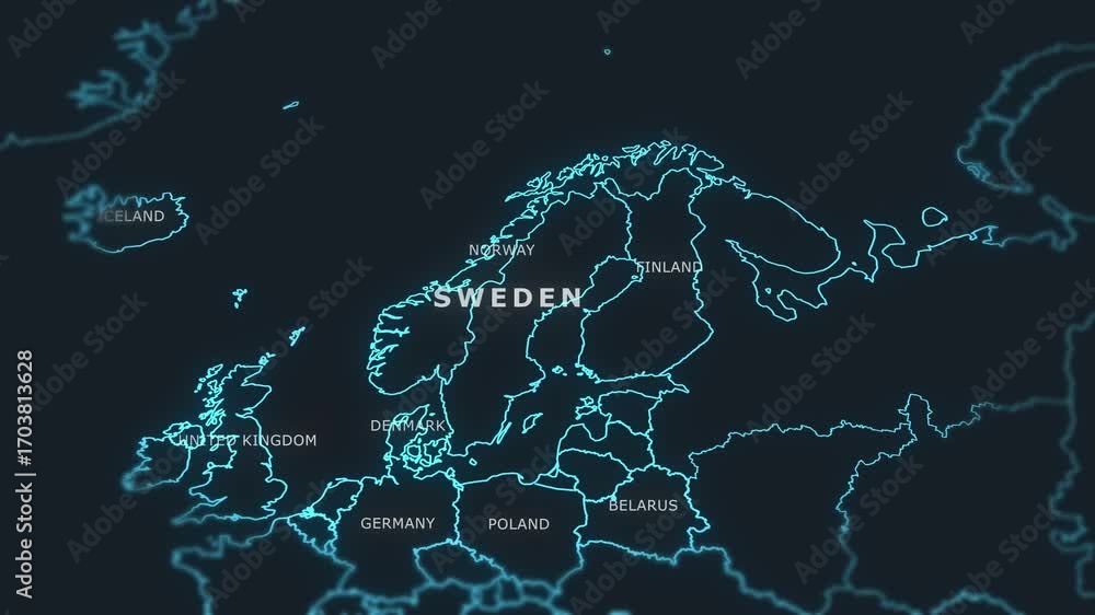 3D world digital glowing map animation of Sweden.