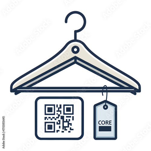 Hanger and Barcode: A minimalist illustration depicts a classic hanger, with a QR code and price tag. This art captures the essence of commerce, technology, and fashion industry.