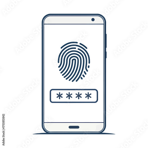 Secured Access: A sleek illustration depicts a smartphone screen displaying a biometric fingerprint scan alongside a masked password, symbolizing secure access and data protection.