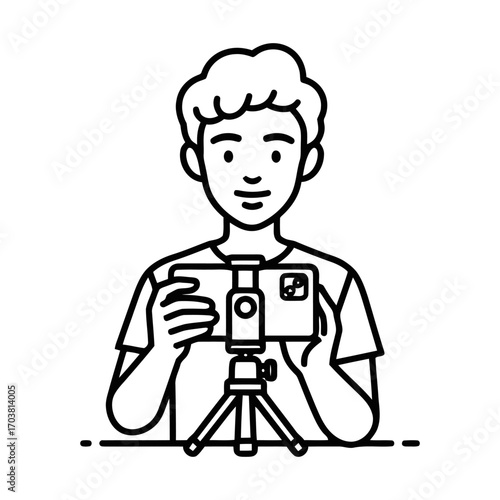 Young man filming with smartphone on tripod