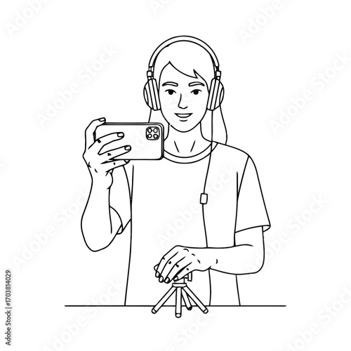 Young person with headphones recording with smartphone on tripod