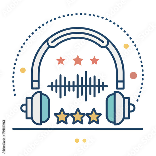 Audio Quality Visualization: A visual representation of superior audio quality, highlighted by headphones, sound waves, and star ratings. This image embodies sonic excellence. 