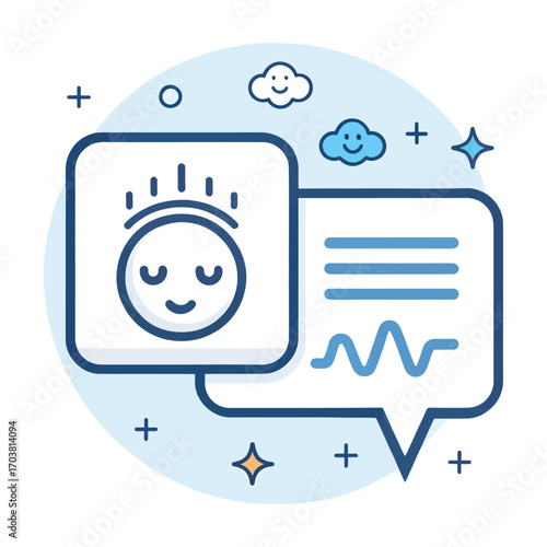 Meditation Illustration: A serene graphic art portrays the essence of mindfulness, with a softly smiling face and speech bubbles with thought waves.