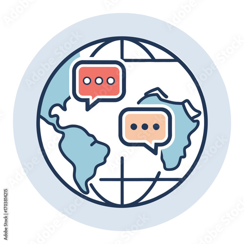 Global Communication Illustration: A symbolic representation of international dialogue, featuring a globe encircled by speech bubbles, illustrating cross-cultural connection and global discussions.