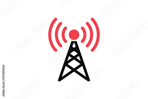 Red and black cell tower with signal waves
