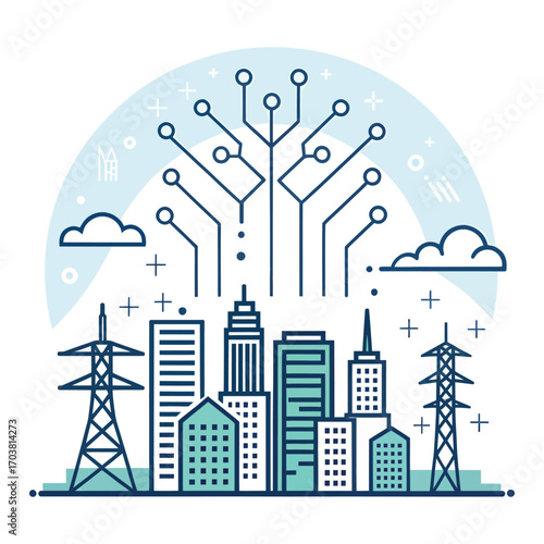 Cityscape of the Future: A dynamic illustration portrays a modern city under a technological canopy, symbolizing innovation and digital advancements.