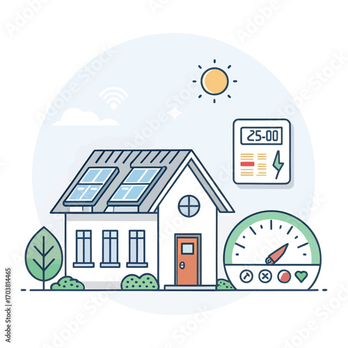 Sustainable Home: The drawing depicts a cozy home equipped with solar panels, showcasing the potential of renewable energy. It encapsulates energy efficiency and eco-friendly living.