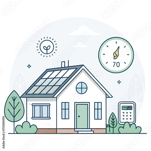 Eco-Friendly Home: A stylish modern home, powered by renewable solar energy, sits serenely under the nurturing sun. with the temperature gauge indicating a comfortable internal climate.