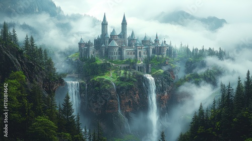 Majestic castle perched atop a misty mountain cliff with cascading waterfalls.