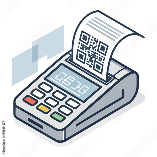 Digital Transaction Illustration: A modern digital point-of-sale terminal with a QR code transaction printed on a receipt, showcasing convenience and the cashless era.