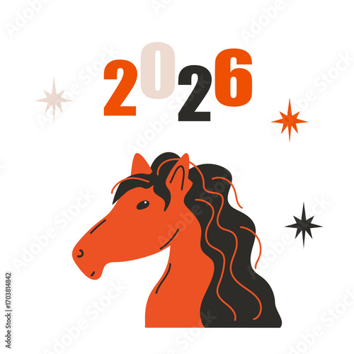 Red Horse illustration with 2026 text and stars. Simple flat design for New Year greeting, Chinese zodiac