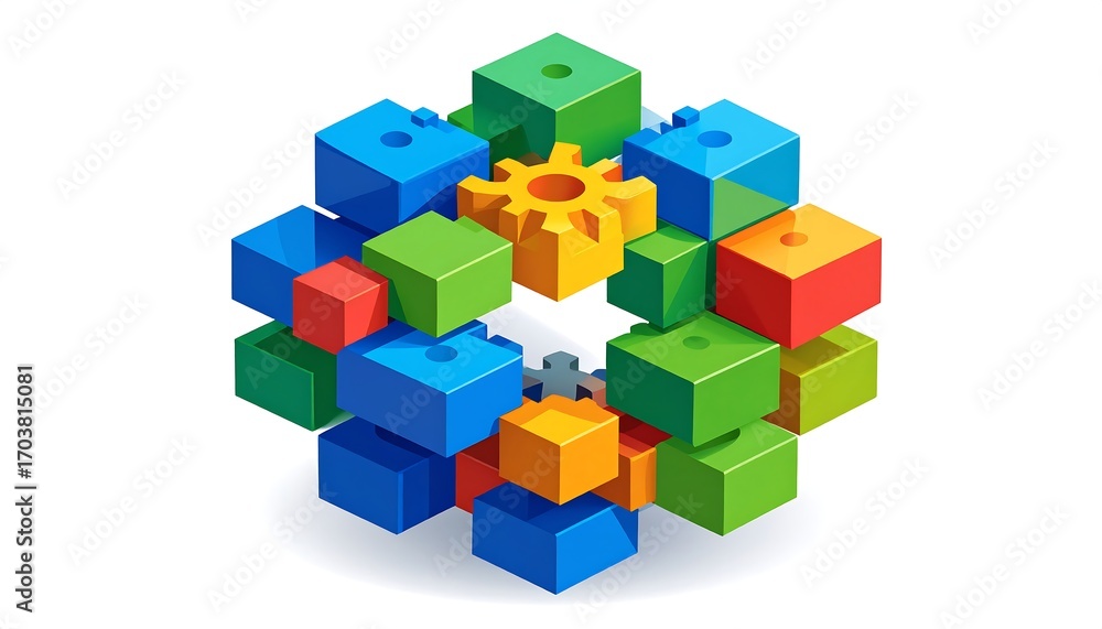 Obraz premium Colorful interlocking cubes and gears