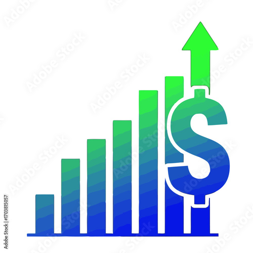 Bar chart showing financial growth with dollar sign and arrow