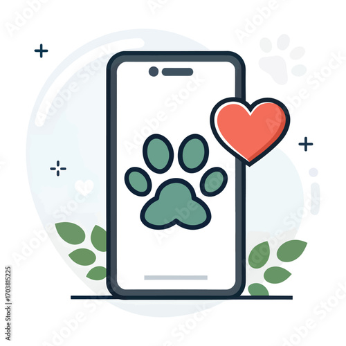 Digital Paw Love: A charming illustration featuring a smartphone screen adorned with a paw print, symbolizing love and care for pets, perfect for apps or designs related to animals or animal welfare.