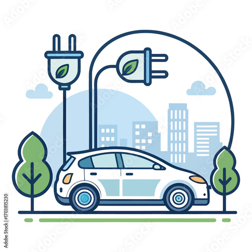 Eco-Friendly Electric Car in City: A sleek, electric car charges in an urban setting, promoting sustainable transport through a harmonious blend of technology and environment.