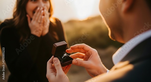 Emotional Outdoor Marriage Proposal with Engagement Ring and Surprised Reaction