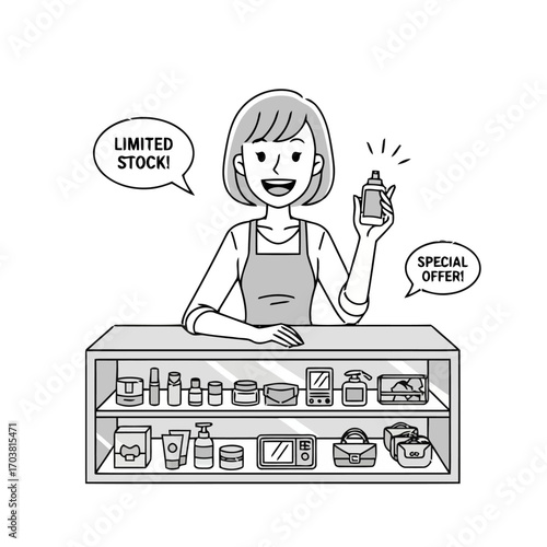 Smiling shopkeeper holding product, limited stock, special offer