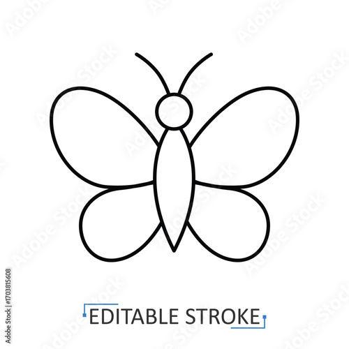 A butterfly icon in minimalist style with editable stroke. Insect symbol, flying bug, nature element, wildlife creature, pollinator design, entomology illustration, eco concept, garden decor.