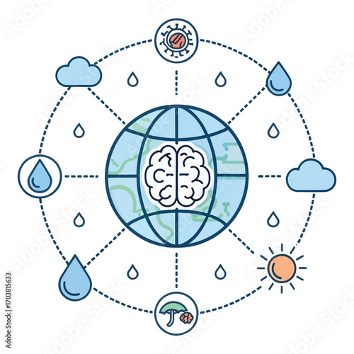 Global Brainstorm: A conceptual illustration presents the Earth's core as a human brain, symbolizing global interconnectedness. The design blends scientific understanding with the art of imagining.