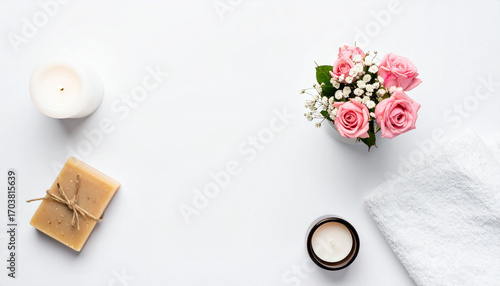 an overhead shot displays a collection of objects arranged on a clean, white surface. in the top right corner is a small vase filled with several light pink flowers and small white blooms