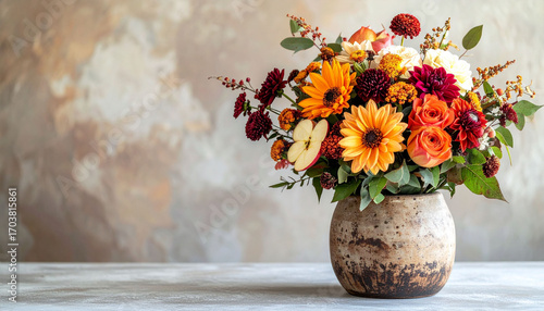 Wallpaper Mural a decorative arrangement is displayed on a surface. the flowers, including sunflowers, roses, and dahlias, exhibit vibrant hues of orange, yellow, red, and white, interspersed with greenery Torontodigital.ca