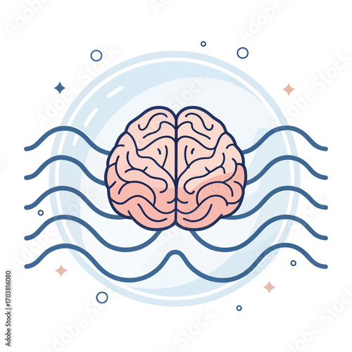 Brain Waves of Thought: A vibrant illustration of the human brain, rendered in a modern, minimalist style, surrounded by stylized waves to represent thoughts and ideas.