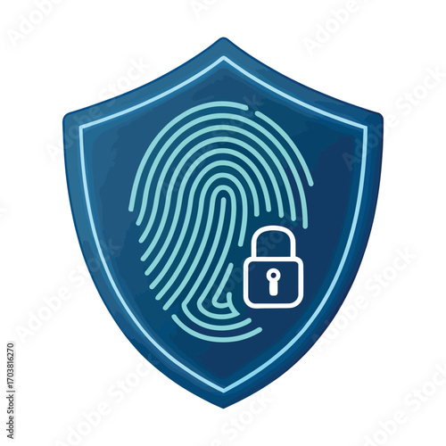 Secure Digital Identity: A blue shield, embossed with a luminous fingerprint and a padlock, symbolizing secure access and data protection.