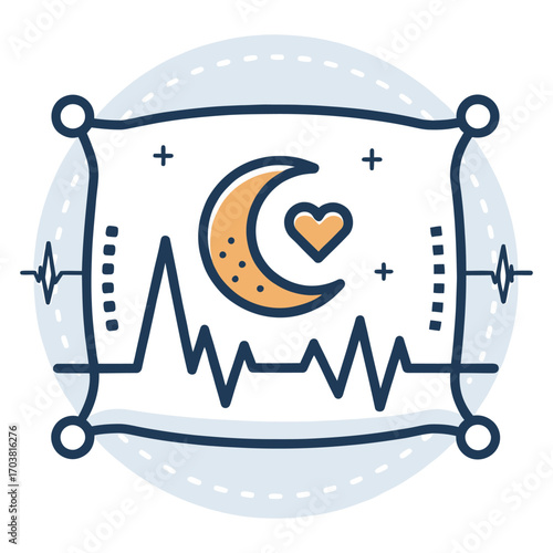 Dream's Embrace: An illustrative depiction of sweet dreams. A pillow with a crescent moon and heart on it floats above a heartbeat monitor line. The overall design conveys calmness and peace.