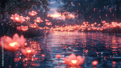 Glowing pink flowers illuminate a tranquil river at sunset.